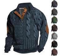 Mens Henley Jumper Stand Collar, Knit Wear Mens Sweatshirt - Mens Thick Warm Winter Sweater With Warm Elbow Patch Sweater For Men, Soft Winter Cable Knitwear, Casual Autumn Winter Pullover Tops