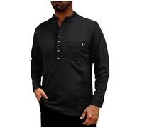 Men's Henley Shirt Cotton Linen Tshirt Grandad T Shirt Raglan Long Sleeve Classic Pullover Adult Stand Collar Stretch Henleys Top Plain Beach Holiday Outing Tee Tops Size S-2xl A-black