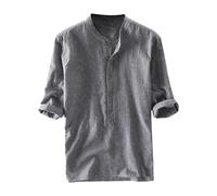Men's Henley Shirts 3/4 Sleeve Casual Smart Tops Striped Print Half Button V Neck Shirt UK Sale Clearance Loose Pullover Business Dress Shirts Regular Stretch Wedding Work Office Formal Shirt Black