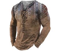 Mens Henley Shirts Vintage Ethnic Style Tops Distressed Lace Up Blouse Long Sleeve Distressed Outdoor Tee Shirts Gym Shirts Khaki