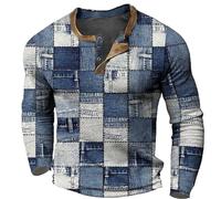 Mens Henley Shirts Vintage Patchwork Long Sleeve Tshirt Summer Festival Kurta Shirts Patch Cotton Grandad Shirt Lightweight Breathable Hippie Casual Shirt Blue