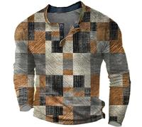 Mens Henley Shirts Vintage Patchwork Long Sleeve Tshirt Summer Festival Kurta Shirts Patch Cotton Grandad Shirt Lightweight Breathable Hippie Casual Shirt Yellow