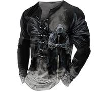 Mens Henley Shirts Vintage Reaper Skull Tops Distressed Lace Up Blouse Long Sleeve Distressed Outdoor Tee Shirts Gym Shirts Black