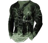 Mens Henley Shirts Vintage Reaper Skull Tops Distressed Lace Up Blouse Long Sleeve Distressed Outdoor Tee Shirts Gym Shirts Green