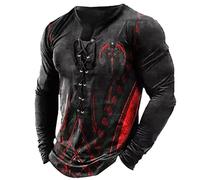 Mens Henley Shirts Vintage Red Dragon Pattern Tops Distressed Lace Up Blouse Long Sleeve Distressed Outdoor Tee Shirts Gym Shirts