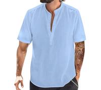 Mens Henley T Shirts Grandad T Shirt Button Summer Tops for Men Solid Color Holiday Shirts for Men Round Neck Slim Fit Short Sleeve Shirt Lightweight Collarless Shirt Beach Shirt Men