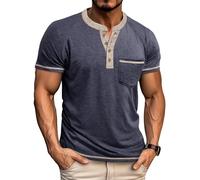 Mens Henley T Shirts Short Sleeve Summer Regular Fit Grandad Collar Tops Casual Smart Collarless Polo Shirt-Navy Blue-S