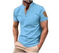 Mens Henley T Shirts Summer Short Sleeve Mock Neck Collarless Shirts Casual 3 Buttons Plain Grandad Shirt Cotton Linen Comfy Tshirt Beach Holiday Top Sky Blue