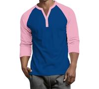 Men's Henley Top Active Elastic Blouse Three Quarter Sleeve Raglan Spring Plai Tops Cozy Cotton Button-Down Henley T Shirt Dark Blue 3XL