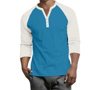 Men's Henley Top Elastic Basic Three Quarter Sleeve Tee Man Raglan Spring Training Cotto Tee Shirt Buttons Henley Plain Cozy Blouses Man Blue M