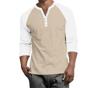Men's Henley Top Raglan Summer Vacation T Shirts Elastic Basic Three Quarter Sleeve Button-Dow Tee Shirt Henley Plain Cozy Cotton Tops White L