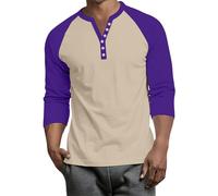 Men's Henley Top Three Quarter Sleeve Tops Men Raglan Summer Gym Elastic Essentia Plain Cozy Cotton Button-Down Henley T Shirt Men Purple XL