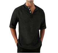 Mens Henley Tshirts 3/4 Sleeve Grandad Shirts for Men Plain Banded Collar Button Donw Shirts Stylish 3 Buttons Muscle T-Shirts Casual Summer Beach Holiday Blouse Tops with Pocket Black