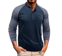 Men's Henry Collar Shirts Fashion Spring Autumn Casual Mens Tshirts Long Sleeve Tops Button Solid Color Slim Fit T Shirts for Men Polo Golf Shirt (Blue, L)