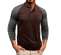 Men's Henry Collar Shirts Fashion Spring Autumn Casual Mens Tshirts Long Sleeve Tops Button Solid Color Slim Fit T Shirts for Men Polo Golf Shirt (Coffee, S)