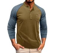 Men's Henry Collar Shirts Fashion Spring Autumn Casual Mens Tshirts Long Sleeve Tops Button Solid Color Slim Fit T Shirts for Men Polo Golf Shirt (Green, L)