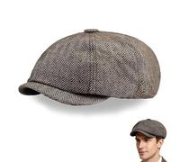 Mens Herringbone 8 Panel Caps, Classic Newsboy Tweed Flat Cap, Cabbie Style for Boys, Autumn Winter Black