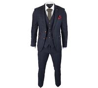 Mens Herringbone Tweed 3 Piece Navy Red Check Suit Vintage 1920s Tailored Fit - Navy 34