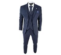 Mens Tweed 3 Piece Suit Blue Check Vintage 1920s Gatsby Blinders Tailored Fit - Blue 42