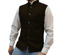 Mens Herringbone Wool Vests Suit Business Tweed High Collar Waistcoats Slim Fit(Large, Coffee)