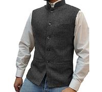 Mens Herringbone Wool Vests Suit Business Tweed High Collar Waistcoats Slim Fit(Large, Grey)