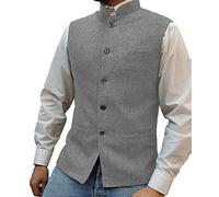 Mens Herringbone Wool Vests Suit Business Tweed High Collar Waistcoats Slim Fit(X-Large, Silver)