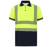 Mens Hi Vis Collared T Shirt Contrast Collar Cuff 2 Two Tone Tee Adults Workwear Short Sleeve Shirt Top Yellow/Navy Large