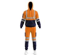 Mens Hi Vis Cuffed Bottom Pull Over Sweatshirt 2PC Tracksuit Reflective Tape Band Jacket Trousers Hi Visibility Workwear Top & Bottom Set