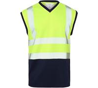 Mens Hi Vis Viz Vest, Safety High Visibility Sleeveless T-Shirt Top, 2 Reflective Tape Crew/V Neck Security Workwear Vests (Yellow/Navy V Neck, M)