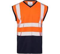 Mens Hi Vis Viz Vest, Safety High Visibility Sleeveless T-Shirt Top, 2 Reflective Tape Crew/V Neck Security Workwear Vests (Orange/Navy V Neck, XXL)