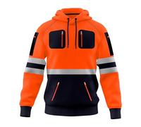 Mens Hi Vis Work Wear Pullover Hoodie Safety Sweatshirt Reflective Tape High Viz Hoodie High Visibility Sweatshirt Top Multi Zipper Pockets S-2XL