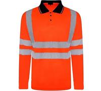 Mens Hi Viz Reflective Tape Polo Neck T Shirt Long Sleeve Collared Work Top Adults Work Wear High Visibility Security Tee Top Utility Work T-Shirt Hi Vis Top (Orange with Navy Collar 3X-Large)