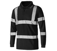 Mens Hi Viz Reflective Tape Polo Neck T Shirt Long Sleeve Collared Work Top Adults Work Wear High Visibility Security Tee Top Utility Work T-Shirt Hi Vis Top (Black with Black Collar 2X-Large)