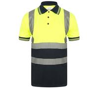 Mens Hi Viz Reflective Tape Polo Neck T Shirt Short Sleeve Collared Work Top Adults Work Wear High Visibility Security Tee Top Utility Work T-Shirt Hi Vis Top (Yellow/Navy with Navy Collar 5X-Large)