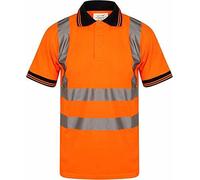 Mens Hi Viz Reflective Tape Polo Neck T Shirt Short Sleeve Collared Work Top Adults Work Wear High Visibility Security Tee Top Utility Work T-Shirt Hi Vis Top (Orange with Navy Collar Large)