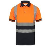 Mens Hi Viz Reflective Tape Polo Neck T Shirt Short Sleeve Collared Work Top Adults Work Wear High Visibility Security Tee Top Utility Work T-Shirt Hi Vis Top (Orange/Navy with Navy Collar Small)