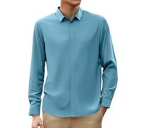 Men's Hidden Button-Down Shirt Long Sleeve Slim Fit Dress Shirts for Men Black Concealed Placket Design Point Collar Formal Casual Smooth Fabric Minimalist Office Wear (Light Green, XXL)