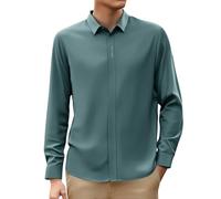 Men's Hidden Button-Down Shirt Long Sleeve Slim Fit Dress Shirts for Men Black Concealed Placket Design Point Collar Formal Casual Smooth Fabric Minimalist Office Wear (Green, L)