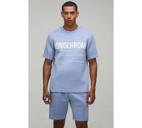 Men's High Build Rubber Print Regular Fit Bonded Scuba T-Shirt & Slim Pintuck Short Set | Dusty Blue | Size Small | BOOHOOMAN