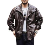 Men's High-End Workwear Jacket, Distressed Biker Style PU Coat With Lapel Collar And Combination Closure(Brown,M)