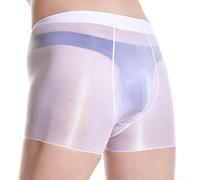 Men's High Glossy Oil Shiny See Through Boxer Shorts Briefs Underpant with Elastic Waistband Nylon Material (L White)