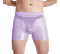 Men's High Glossy See Through Underwear Shiny Nylon Boxer Briefs Elastic Shorts L-XL(XL Purple)