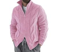 Men's High Neck Long Sleeve Sweater Cable Knit Full Zip Sweater Cardigan Heavy Weight Casual Sweaters, Pink, Medium
