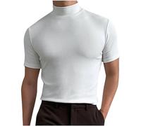 Men's High Neck Slim Fit Tops Tight Slimi Fit Casual Solid Color Short Sleeve Plain T-Shirt Lightweight Sports Tee Tops White