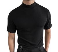 Men's High Neck Slim Fit Tops Tight Slimi Fit Casual Solid Color Short Sleeve Plain T-Shirt Lightweight Sports Tee Tops Black