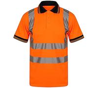 Mens High Visibility Collared T Shirt Contrast Collar Cuff 2 Two Tone Tee Workwear Short Sleeve Hi Viz Reflective Tape Top Orange X-Large