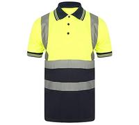 Mens High Visibility Collared T Shirt Contrast Collar Cuff 2 Two Tone Tee Workwear Short Sleeve Hi Viz Reflective Tape Top Yellow/Navy X-Large