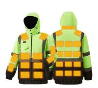 Mens High Visibility Heated Jacket Hi Vis Hooded Heating Coat 29 Heating Zones Heated Body Warmer Waterproof Windproof Reflective Workwear USB Electric Heat Outerwear Winter Thermal Jackets for Work
