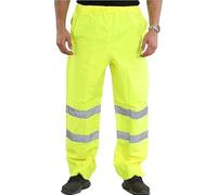 Mens High Visibility Waterproof Trousers, Hi Vis Safety PU Over Workwear Pants with 2-Band Reflective Tape Elasticated Waist Protective Coverall Bottom