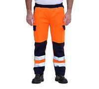 Mens High Visibility Winter Work Contrast Panel Pants Hi Vis Pocketed Two Tone Fleece Trousers Adults Unisex Utility Work Pants Hi Viz Hi Vis Outdoor Work Trousers (Orange/Navy Medium)